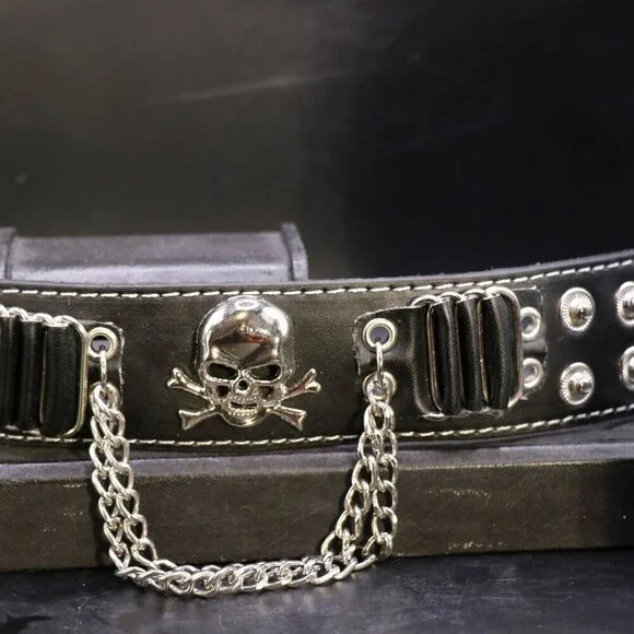Black Leather Cuff Bracelet with Metallic Skull and Crossbones With Chains - Picture 2 of 5